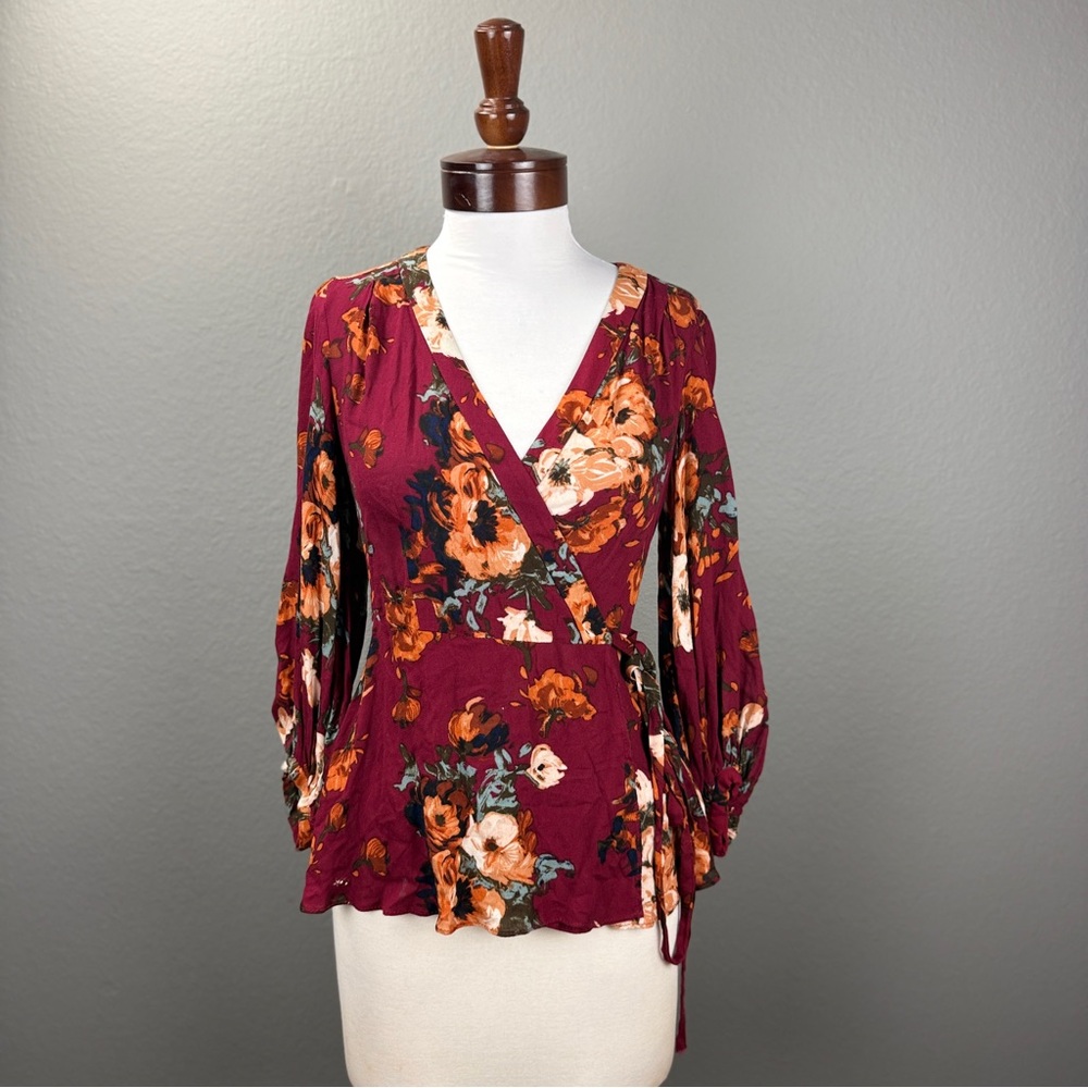 Anthropologie HD in Paris Wine multi Floral Wrap Blouse Top Sz 4 Boho